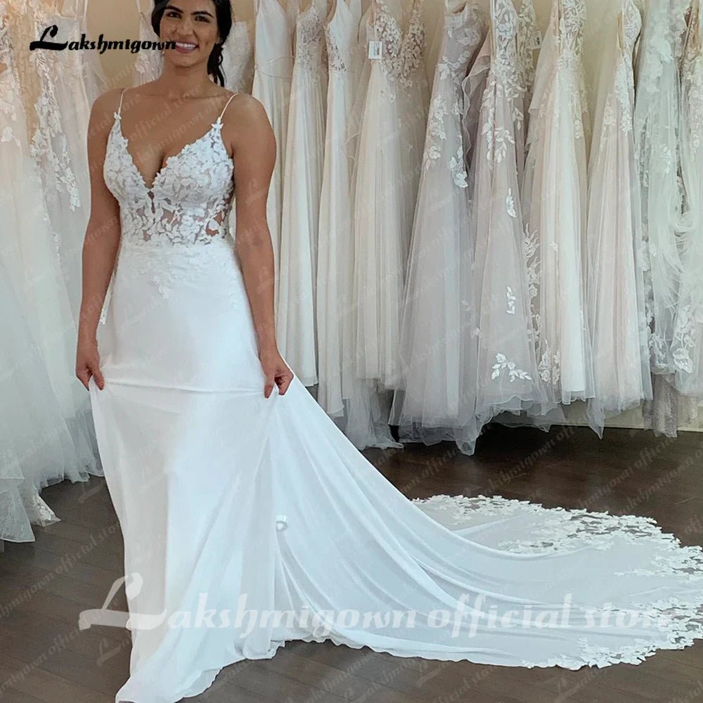 NumberSea - NumberSea Ivory Lace Appliques Chiffon Floor - Length A - Line Wedding Dresses Chapel Train Custom Made V - Neck Bridal Gown