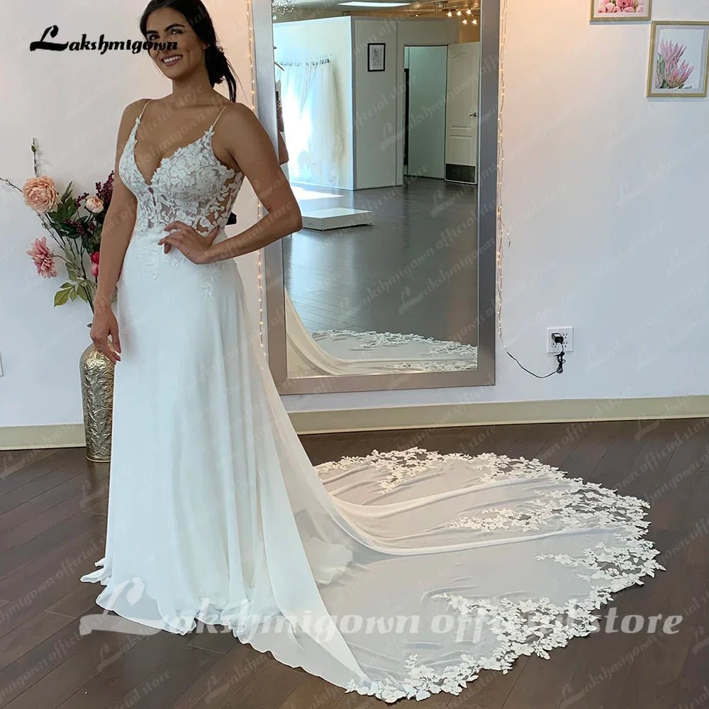 NumberSea - NumberSea Ivory Lace Appliques Chiffon Floor - Length A - Line Wedding Dresses Chapel Train Custom Made V - Neck Bridal Gown