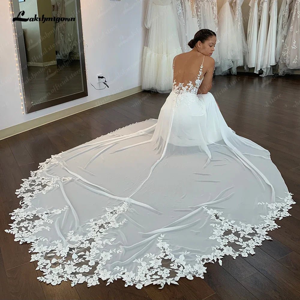 NumberSea - NumberSea Ivory Lace Appliques Chiffon Floor - Length A - Line Wedding Dresses Chapel Train Custom Made V - Neck Bridal Gown