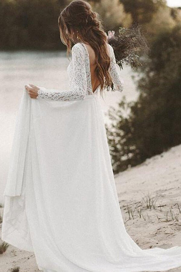 NumberSea - NumberSea Ivory Lace Long Sleeves A - line Chiffon Wedding Dresses, Bridal Gowns, MW526