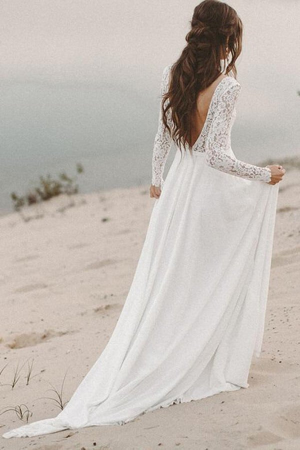 NumberSea - NumberSea Ivory Lace Long Sleeves A - line Chiffon Wedding Dresses, Bridal Gowns, MW526