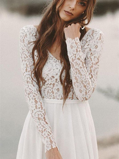 NumberSea - NumberSea Ivory Lace Long Sleeves A - line Chiffon Wedding Dresses, Bridal Gowns, MW526