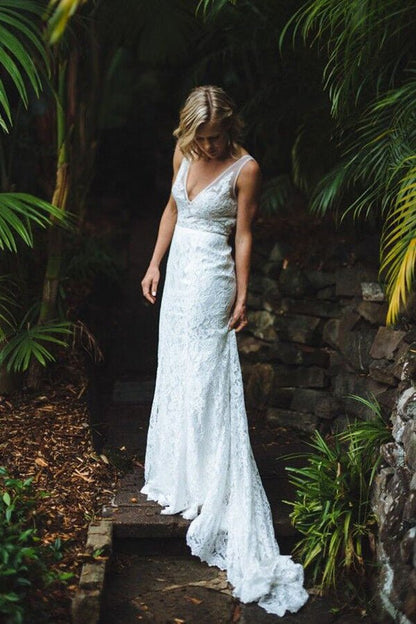 NumberSea - NumberSea Ivory Lace Mermaid Open Back V - neck Long Beach Wedding Dresses, MW682