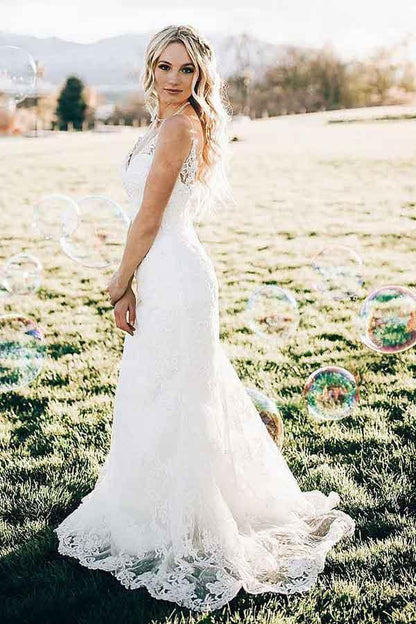 NumberSea - NumberSea Ivory Lace Mermaid V - neck Sweep Train Wedding Dresses, Bridal Gown, MW706