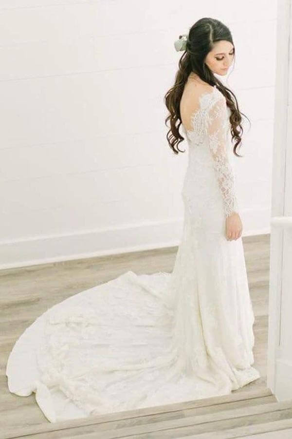 NumberSea - NumberSea Ivory Lace Sheath V - neck Long Sleeves Chapel Train Wedding Dresses, MW966