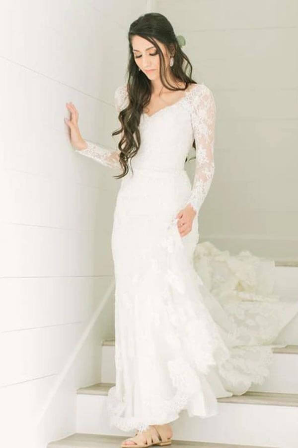 NumberSea - NumberSea Ivory Lace Sheath V - neck Long Sleeves Chapel Train Wedding Dresses, MW966