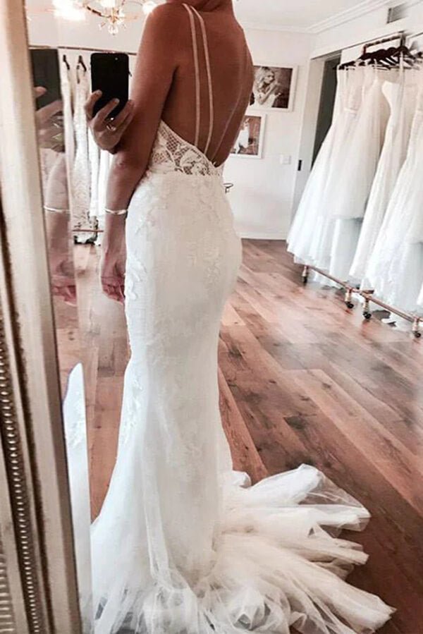 NumberSea - NumberSea Ivory Mermaid Backless Deep V - neck Lace Wedding Dresses, Bridal Gown, MW828