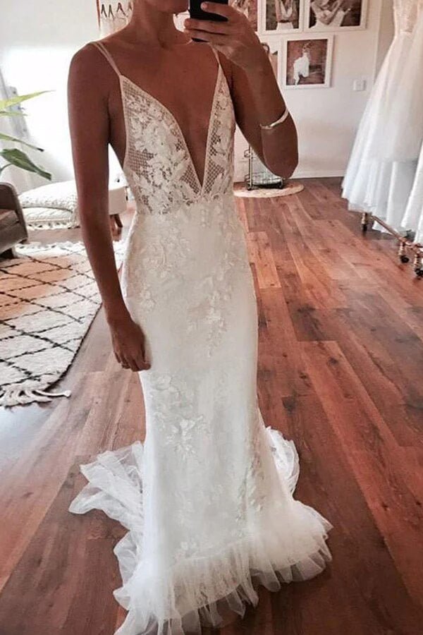 NumberSea - NumberSea Ivory Mermaid Backless Deep V - neck Lace Wedding Dresses, Bridal Gown, MW828