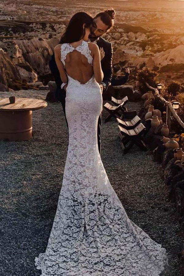 NumberSea - NumberSea Ivory Mermaid Backless Lace Wedding Dresses With Slit, Bridal Gown, MW999