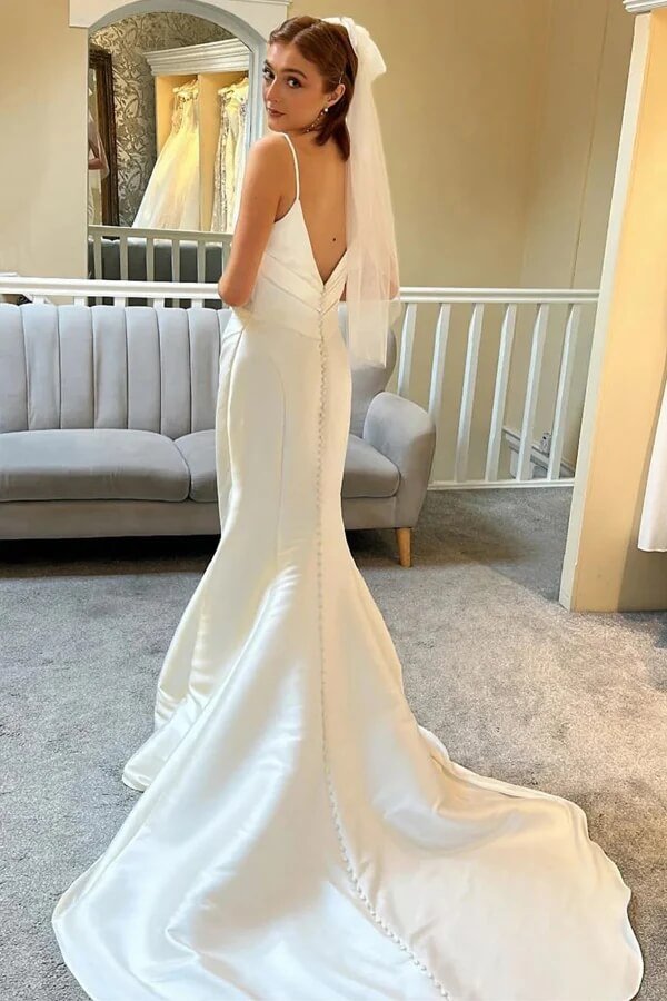 NumberSea - NumberSea Ivory Mermaid Spaghetti Straps Backless Wedding Dress With Court Train, MW1010