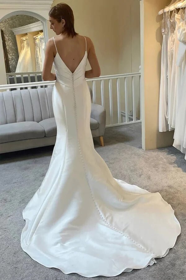 NumberSea - NumberSea Ivory Mermaid Spaghetti Straps Backless Wedding Dress With Court Train, MW1010