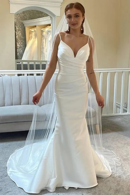 NumberSea - NumberSea Ivory Mermaid Spaghetti Straps Backless Wedding Dress With Court Train, MW1010