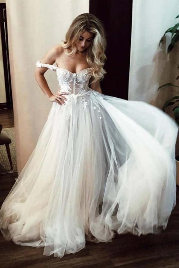 NumberSea - NumberSea Ivory Off Shoulder Sweetheart Long Wedding Dresses with Lace Appliques, MW708