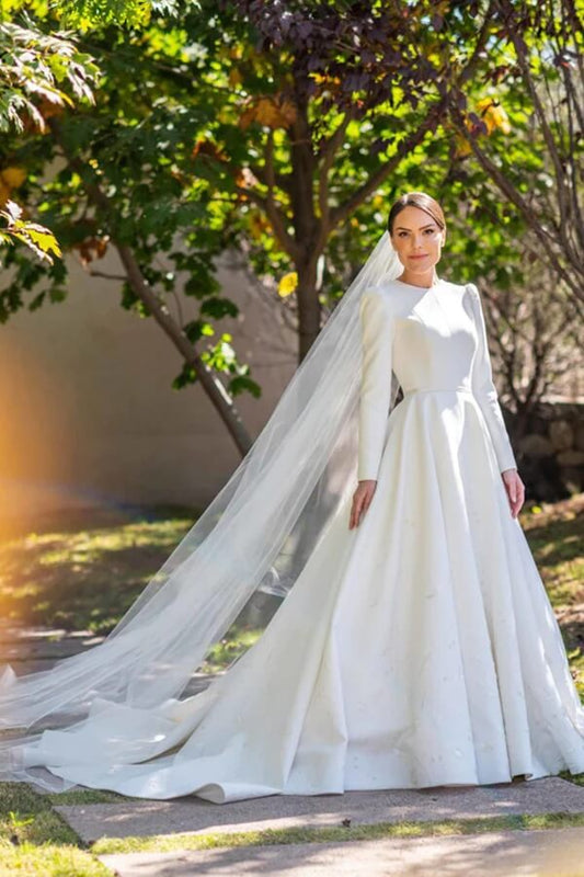 NumberSea - NumberSea Ivory Satin A - line Long Sleeves Embroidery Modest Wedding Dresses, MW835