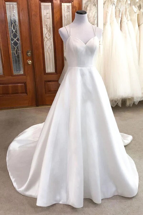 NumberSea - NumberSea Ivory Satin A - line V - neck Spaghetti Straps Wedding Dresses, Bridal Gown, MW851