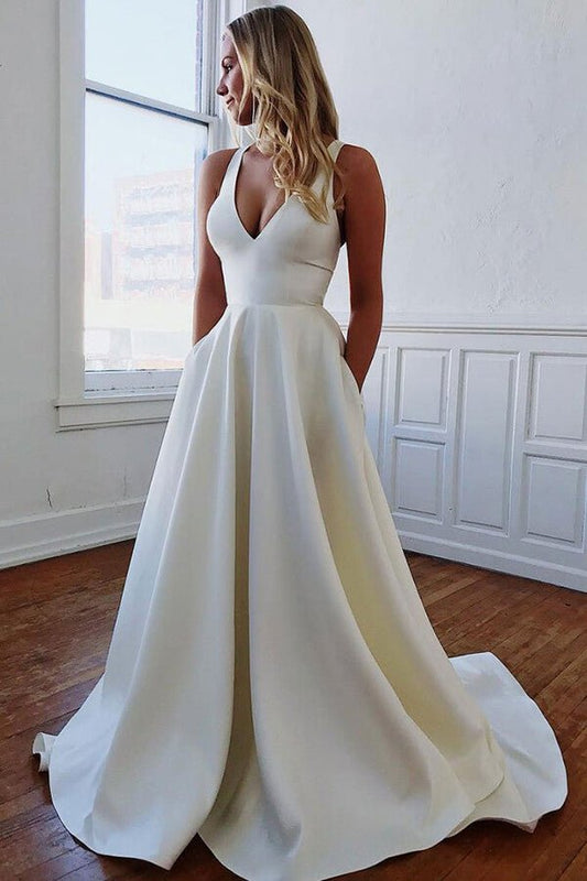 NumberSea - NumberSea Ivory Satin A - line V - neck Wedding Dresses with Pockets, Bridal Gowns, MW680