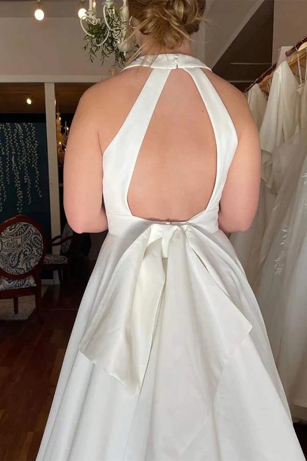 NumberSea - NumberSea Ivory Satin Deep V - neck Wedding Dresses With Pockets, Bridal Gowns, MW895