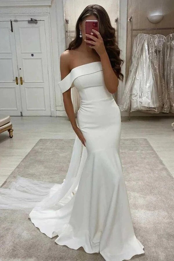 NumberSea - NumberSea Ivory Satin Mermaid Off - the - Shoulder Simple Wedding Dress, Bridal Gown, MW858