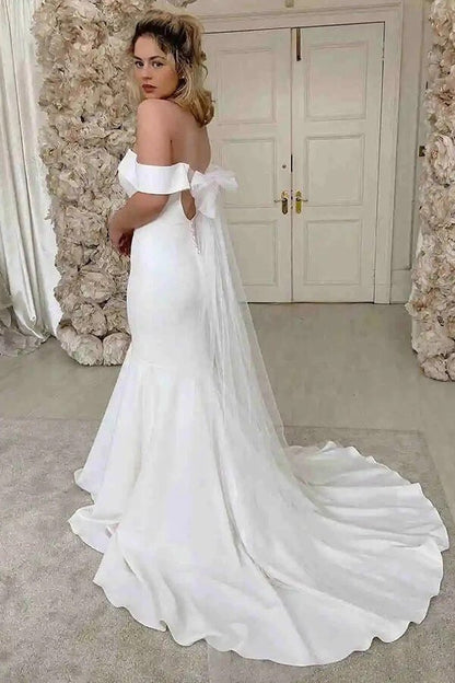 NumberSea - NumberSea Ivory Satin Mermaid Off - the - Shoulder Simple Wedding Dress, Bridal Gown, MW858