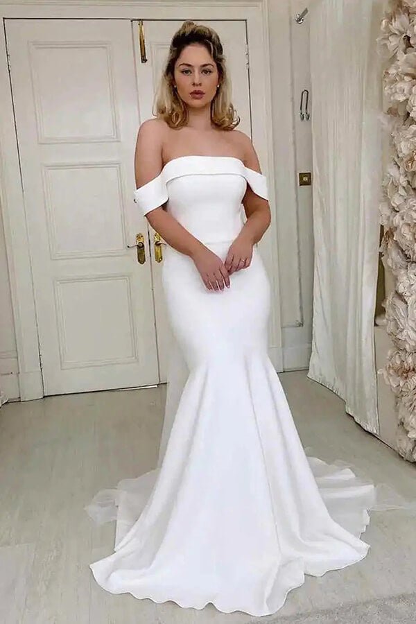 NumberSea - NumberSea Ivory Satin Mermaid Off - the - Shoulder Simple Wedding Dress, Bridal Gown, MW858