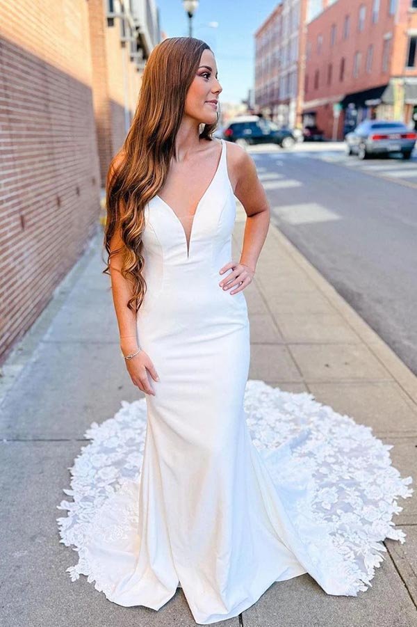 NumberSea - NumberSea Ivory Satin Mermaid V - neck Lace Wedding Dresses With Court Train, MW907