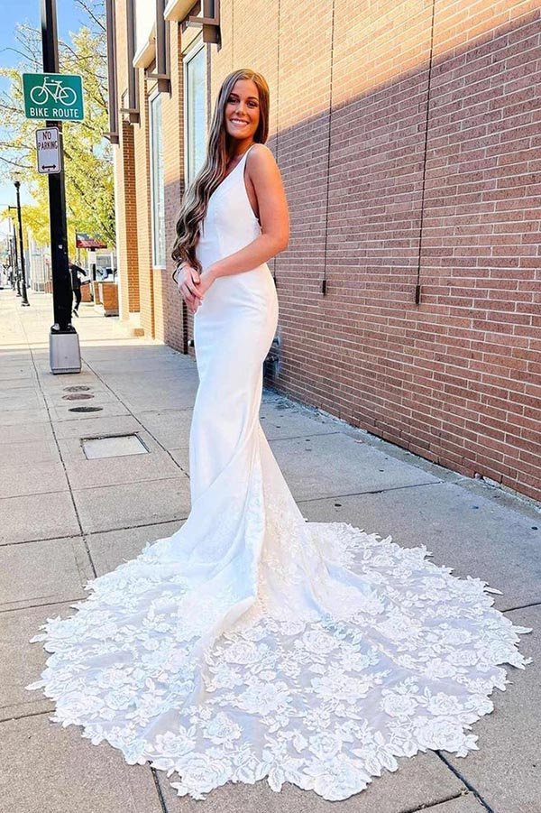 NumberSea - NumberSea Ivory Satin Mermaid V - neck Lace Wedding Dresses With Court Train, MW907