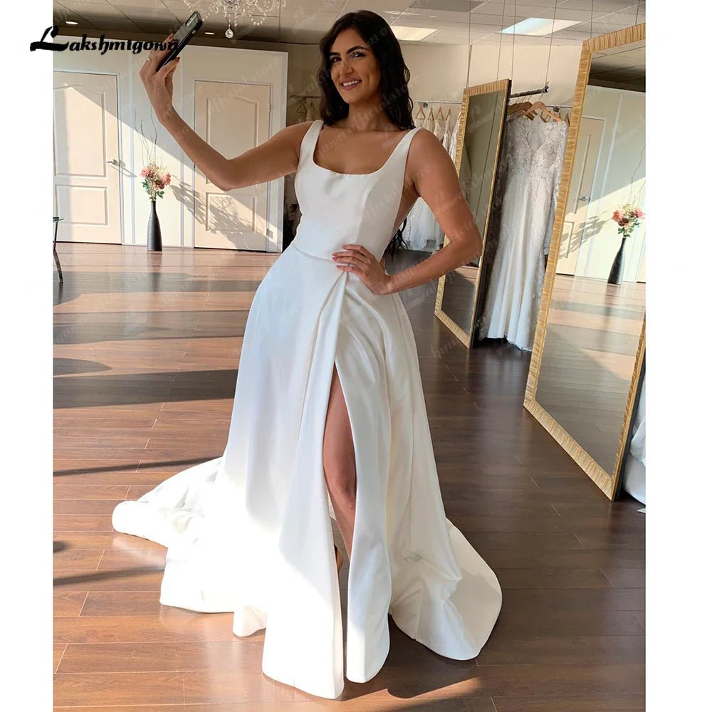 NumberSea - NumberSea Ivory Satin Scoop Neck Sleeveless Floor - Length A - line Wedding Dress 2025 Split Garden Bridal GownRobe De Mariage