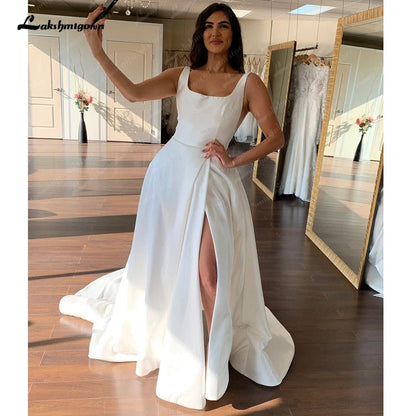 NumberSea - NumberSea Ivory Satin Scoop Neck Sleeveless Floor - Length A - line Wedding Dress 2025 Split Garden Bridal GownRobe De Mariage