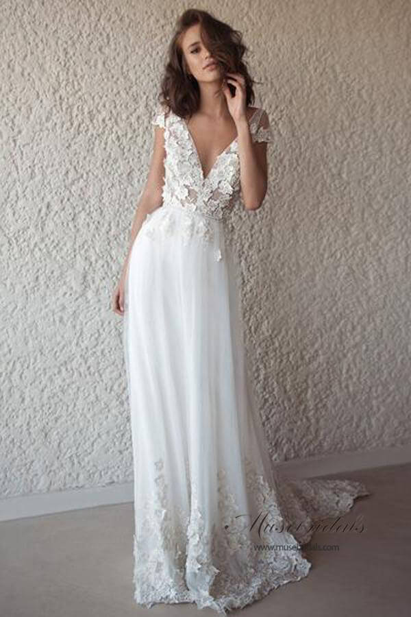 NumberSea - NumberSea Ivory See - through Cap Sleeves Boho Wedding Dresses, Beach Wedding Dress, MW518