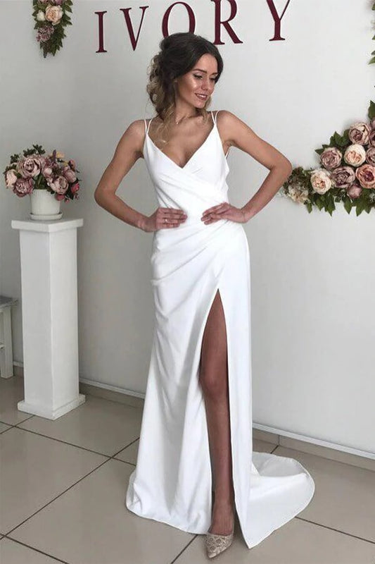 NumberSea - NumberSea Ivory Sheath V - neck Backless Spaghetti Straps Wedding Dresses with Slit, MW710