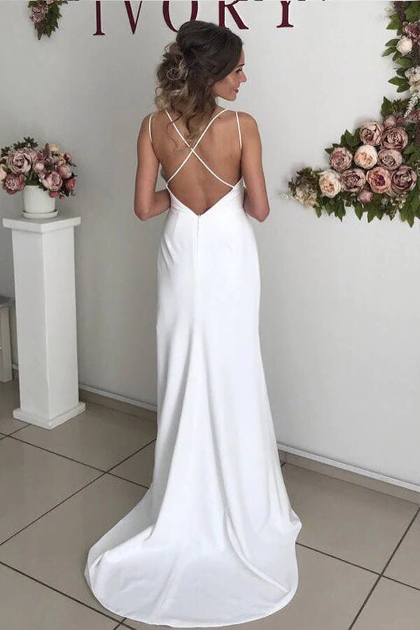 NumberSea - NumberSea Ivory Sheath V - neck Backless Spaghetti Straps Wedding Dresses with Slit, MW710