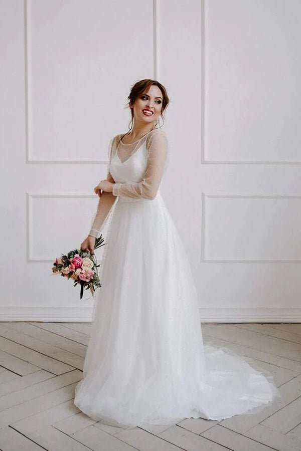 NumberSea - NumberSea Ivory Tulle A - line Scoop Long Sleeves Beaded Bohemian Wedding Dresses, MW859