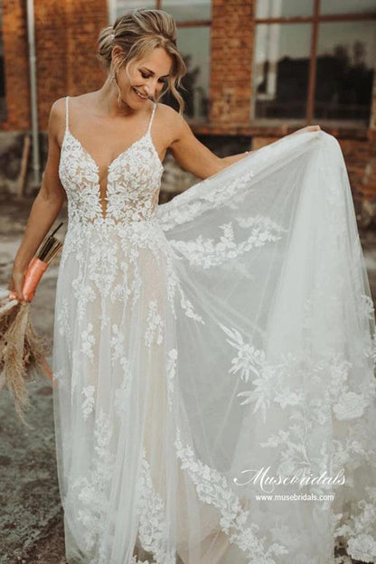 NumberSea - NumberSea Ivory Tulle A - line V - neck Lace Appliques Wedding Dress, Bridal Gown, MW869