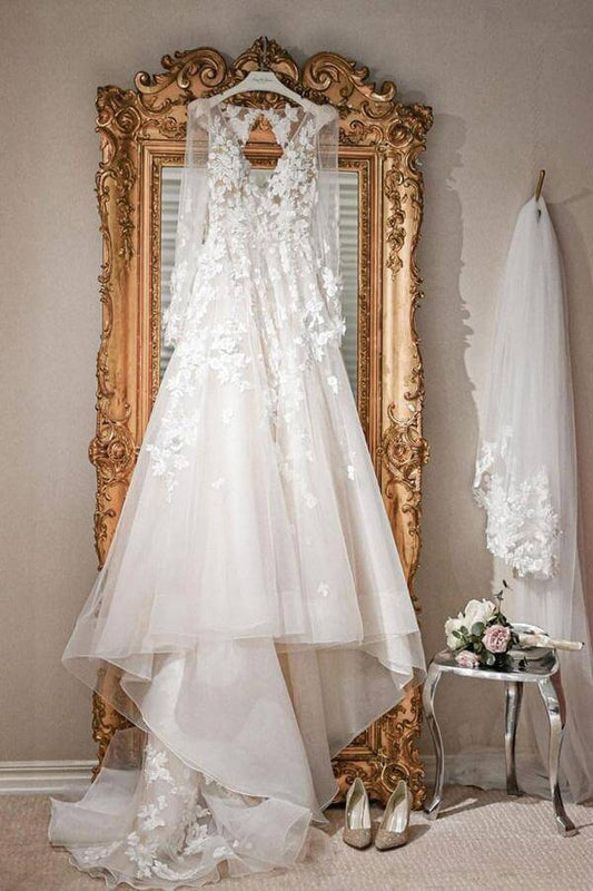 NumberSea - NumberSea Ivory Tulle A - line V - neck Long Sleeves Court Train Wedding Dresses, MW971