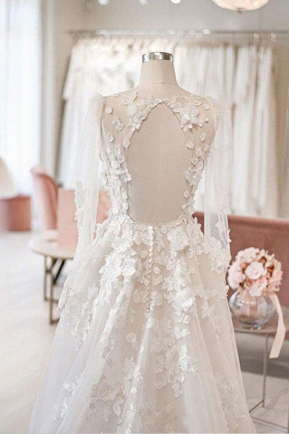 NumberSea - NumberSea Ivory Tulle A - line V - neck Long Sleeves Court Train Wedding Dresses, MW971