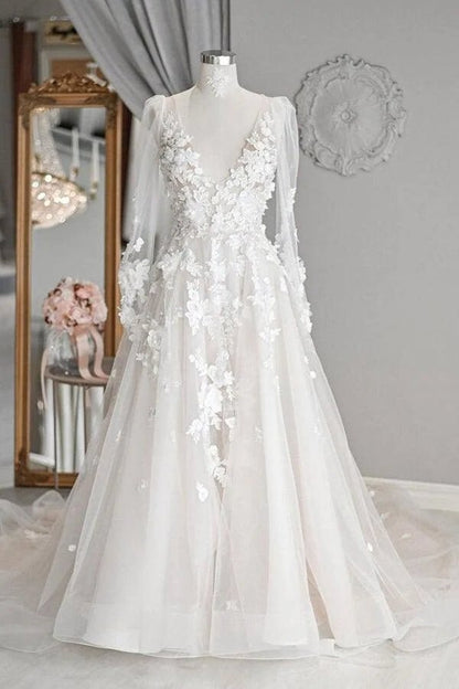 NumberSea - NumberSea Ivory Tulle A - line V - neck Long Sleeves Court Train Wedding Dresses, MW971