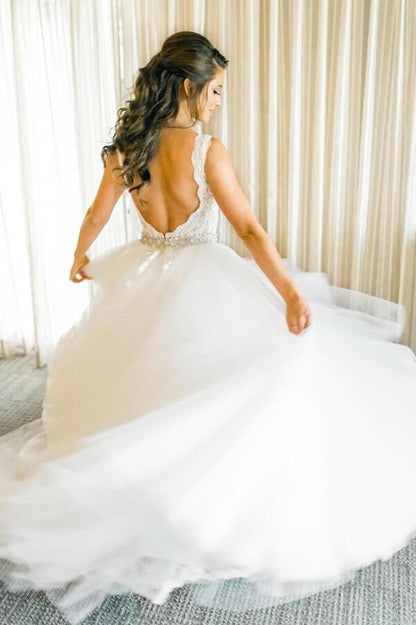 NumberSea - NumberSea Ivory Tulle Ball Gown V Neck Rhinestone Wedding Dresses, Bridal Gown, MW549