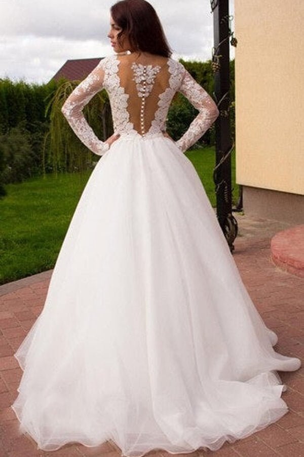 NumberSea - NumberSea Ivory Tulle Boho Princess A - line V - neck Long Sleeves Wedding Dresses, MW669