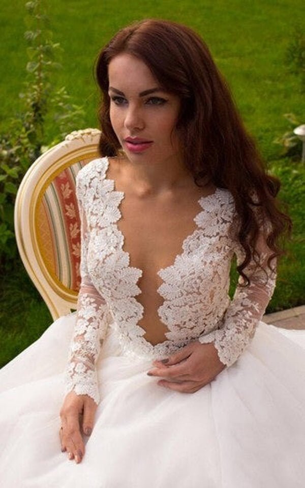 NumberSea - NumberSea Ivory Tulle Boho Princess A - line V - neck Long Sleeves Wedding Dresses, MW669