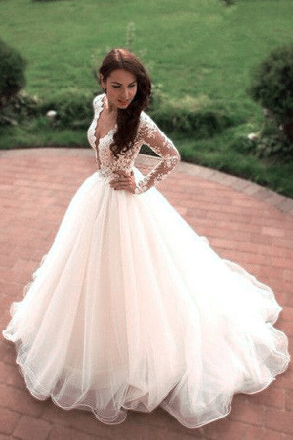 NumberSea - NumberSea Ivory Tulle Boho Princess A - line V - neck Long Sleeves Wedding Dresses, MW669