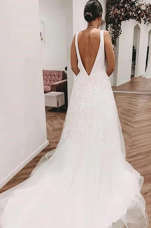 NumberSea - NumberSea Ivory Tulle Lace Deep V - neck Wedding Dresses With Train, Bridal Gowns, MW820