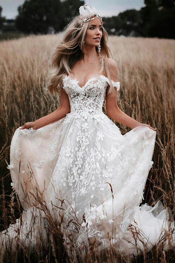 NumberSea - NumberSea Ivory Tulle Off - the - Shoulder A - line Lace Flowers Beach Wedding Dresses, MW857