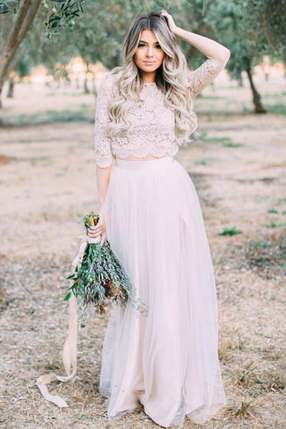 NumberSea - NumberSea Ivory Two Pieces Long Sleeves Floor Length Rustic Wedding Dresses, MW1028