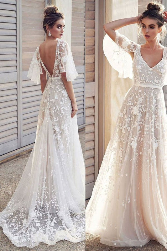 NumberSea - NumberSea Ivory V Neck Beach Wedding Dresses with Lace Appliques, Bridal Dresses, MW512