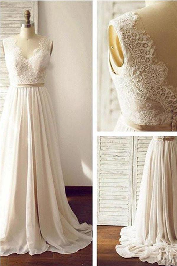 NumberSea - NumberSea Ivory V - neck Open Back Sleeveless Lace Sash Wedding Dress with Sweep Train, MW176