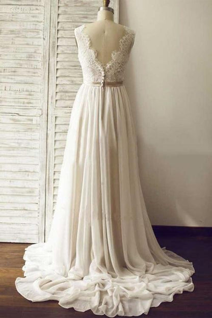 NumberSea - NumberSea Ivory V - neck Open Back Sleeveless Lace Sash Wedding Dress with Sweep Train, MW176