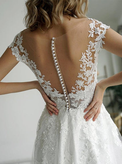 NumberSea - NumberSea Lace A - line V - neck Sleeveless Sweep Train Wedding Dress, Bridal Gowns, MW542