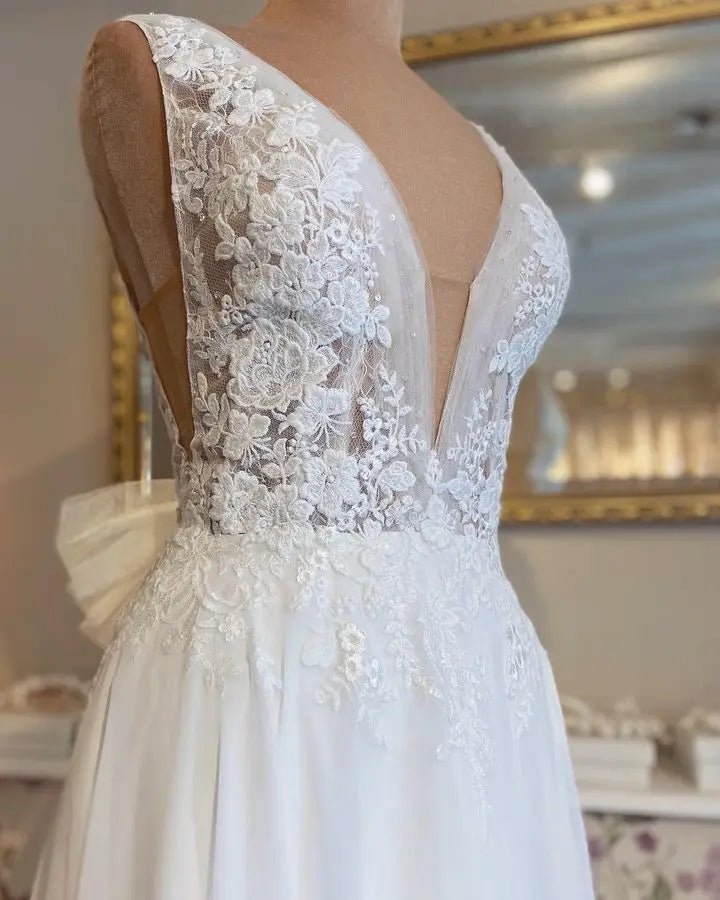 NumberSea - NumberSea Lace Appliques Boho Chiffon Wedding Dress Deep V - neck A Line Sexy Women Civil Bridal Wedding Gowns