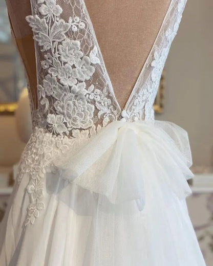 NumberSea - NumberSea Lace Appliques Boho Chiffon Wedding Dress Deep V - neck A Line Sexy Women Civil Bridal Wedding Gowns