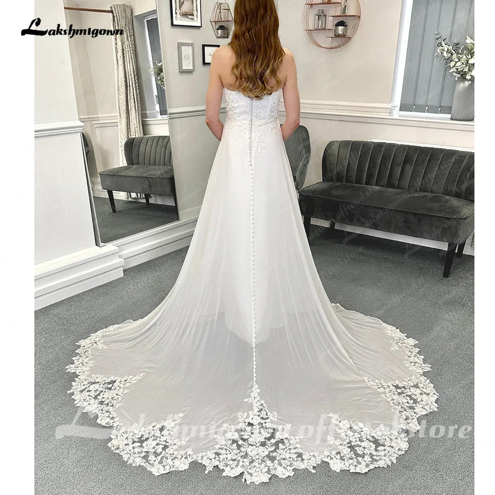 NumberSea - NumberSea Lace Appliques Boho Chiffon Wedding Dress with Detachable Sleeves Beach Women Civil Bridal Wedding Gowns